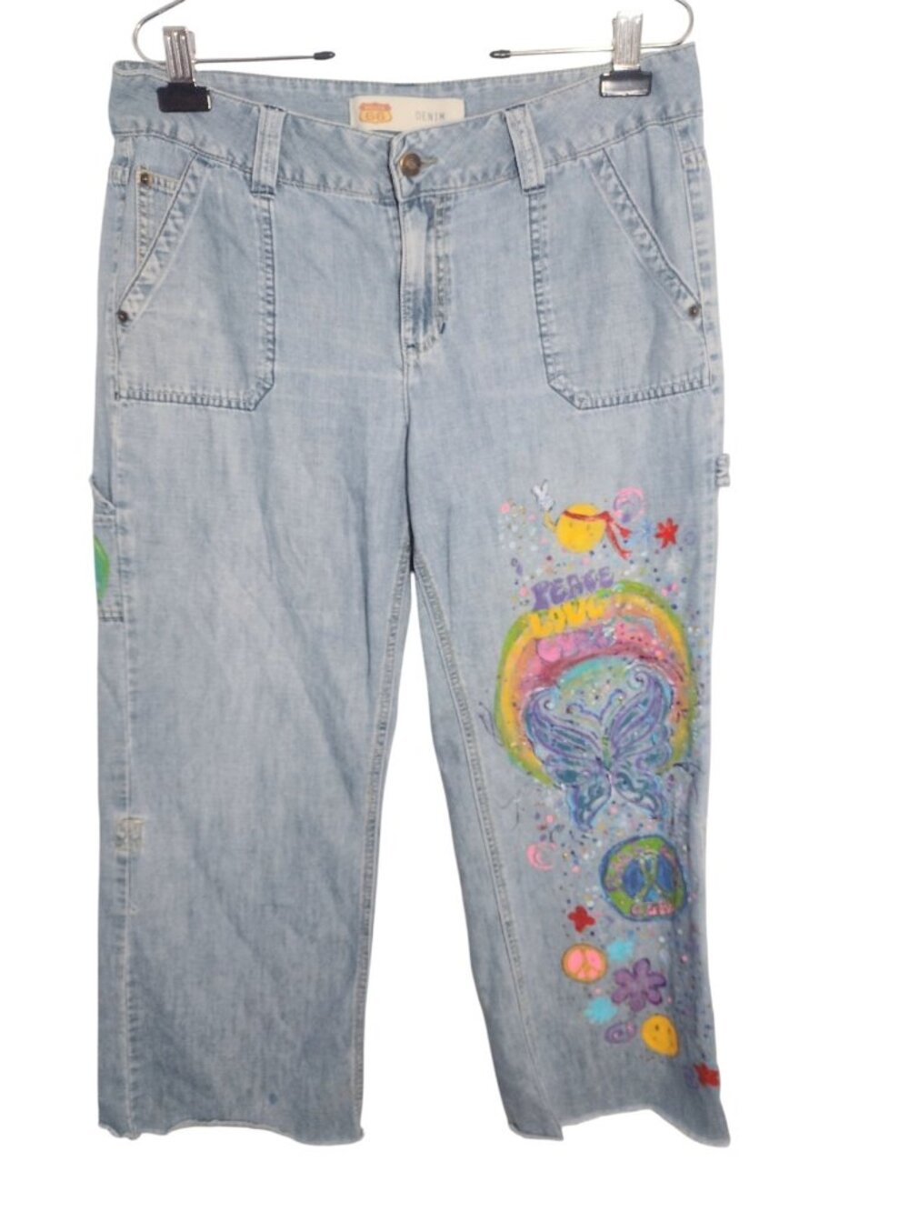 Route 66 Womens Wide Leg Cropped Carpenter Jeans 34x28 Hippie Boho Painted Retro
